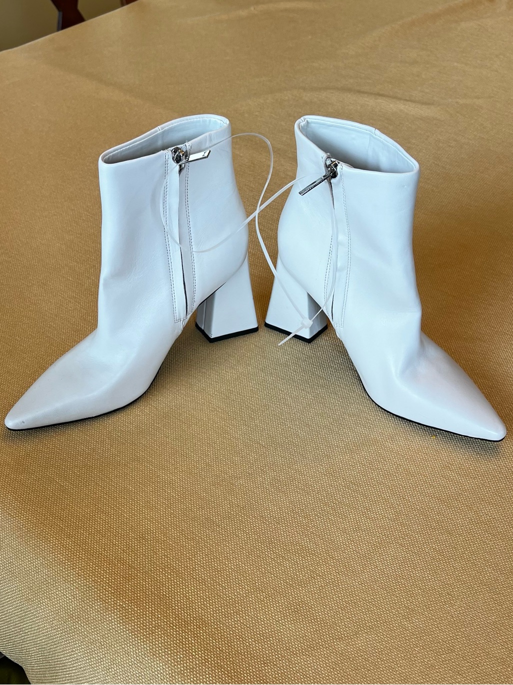 Marc Fisher White Pointed Ankle Boots With Block Heel And Side Zipper